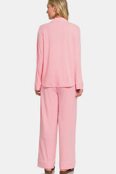 Zenana Button Down Long Sleeve Top and Pants Lounge Set OutfitFlow